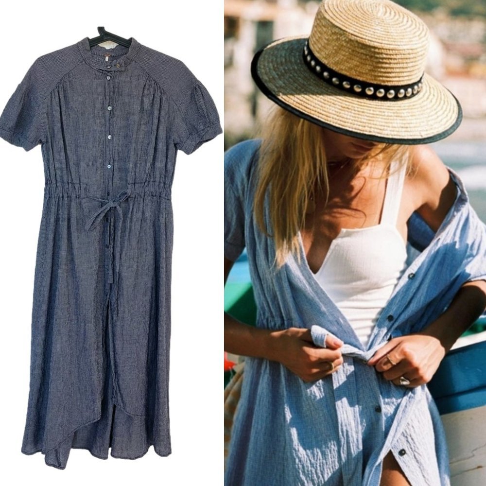 FREE People Navy Retro Romance Maxi Dress Gingham Button Front Boho Vacation, S